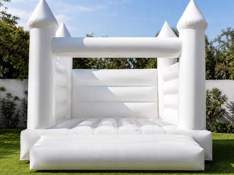 Luxury white bounce house rental set up on a lawn for a birthday party in St. Cloud FL
