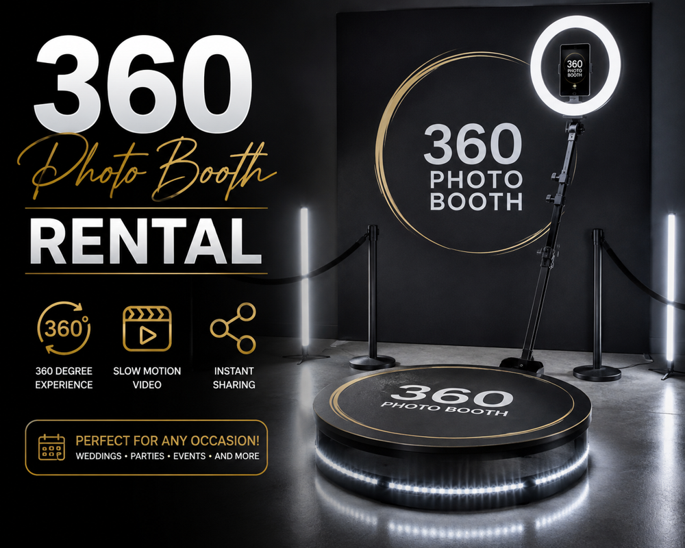 Black and gold 360 photo booth platform with LED base, ring light, and backdrop
