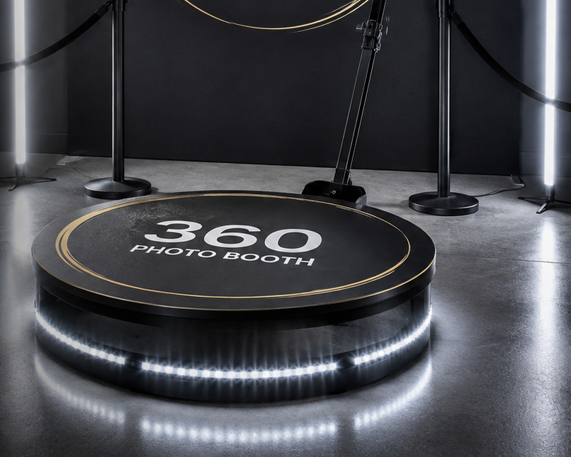 360 photo booth rental in Orlando — LED-lit spinning platform with gold trim, set up and ready for guests