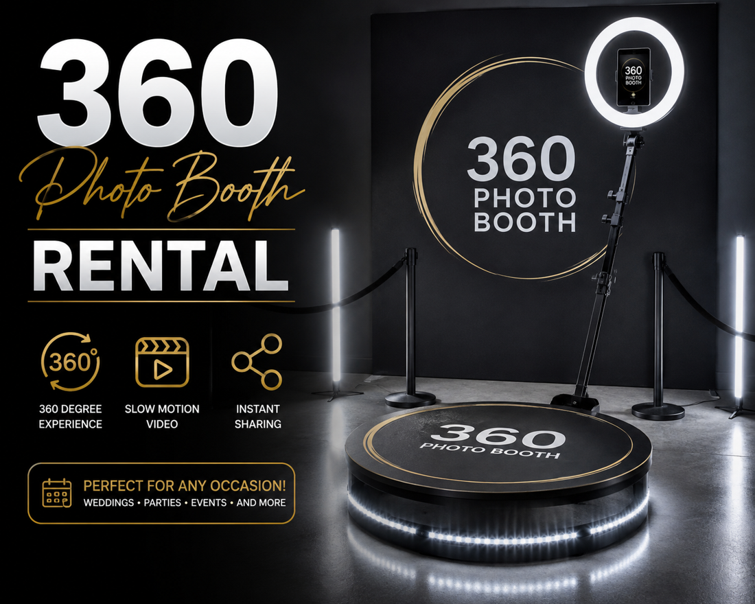 Black and gold 360 photo booth platform with LED base, ring light, and backdrop