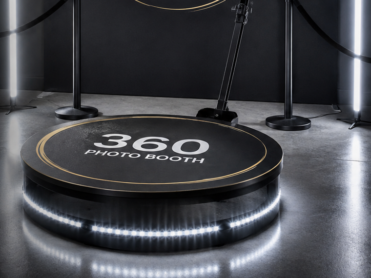 360 photo booth rental with LED-lit spinning platform and gold trim set up for an Orlando party