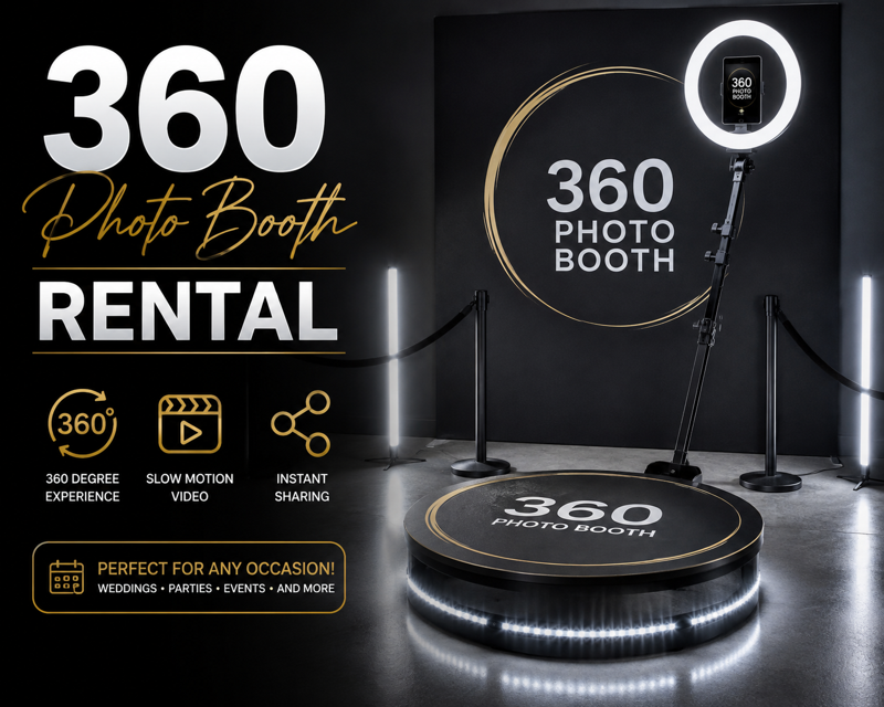 Black and gold 360 photo booth platform with LED base, ring light, and backdrop