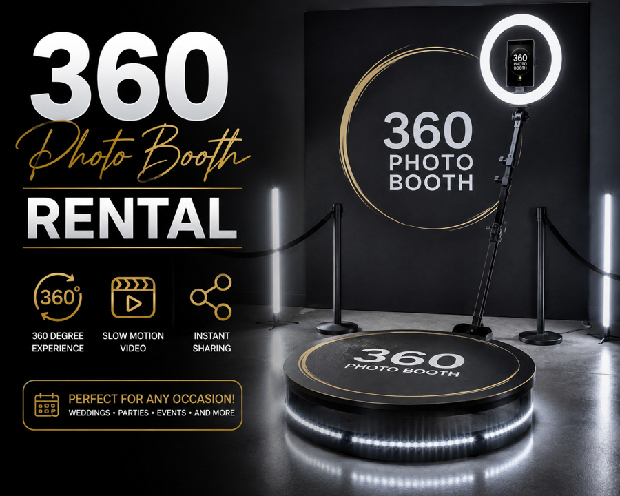 360 photo booth with LED-lit spinning platform and ring light