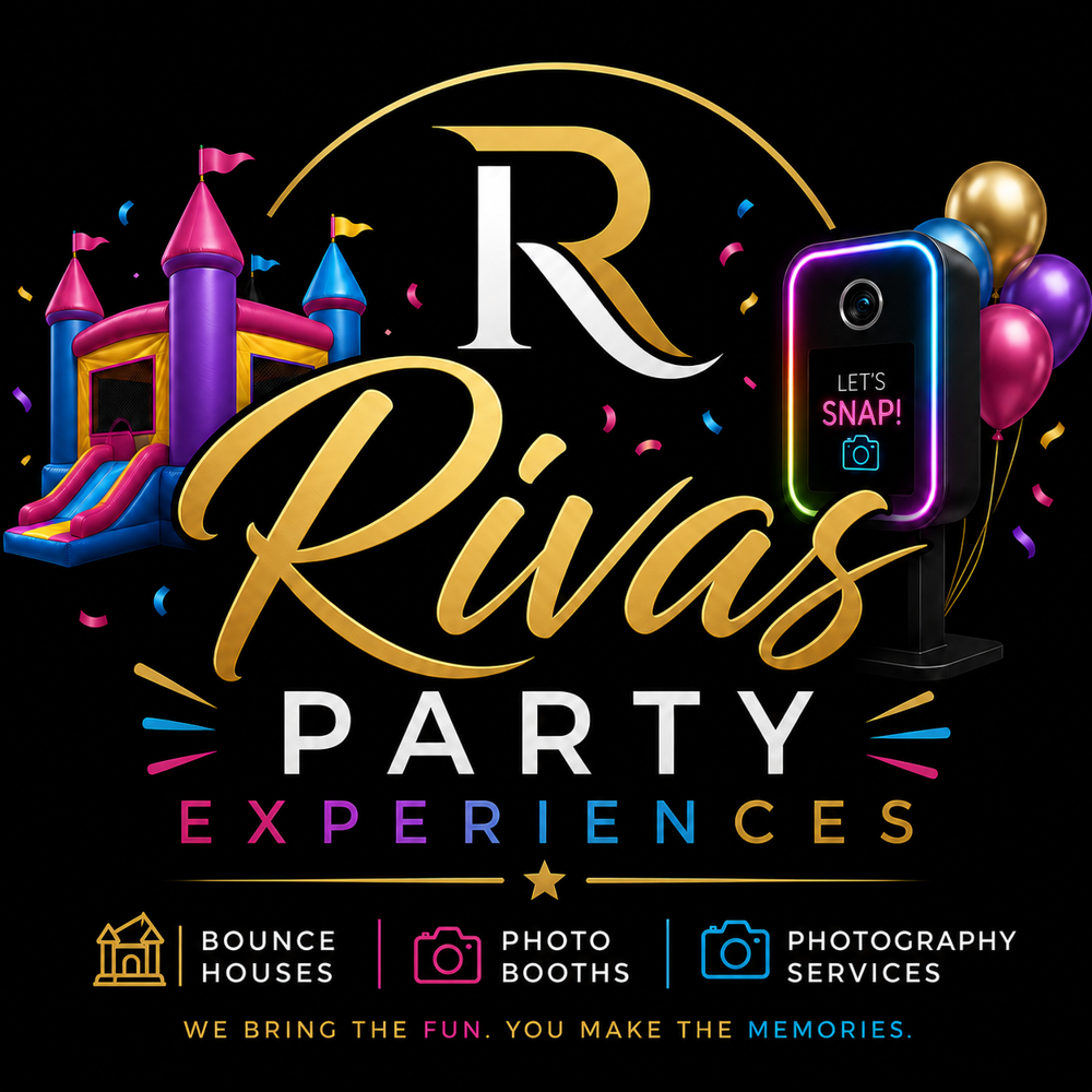 Rivas Party Experiences logo with bounce house, photo booth, and camera icons